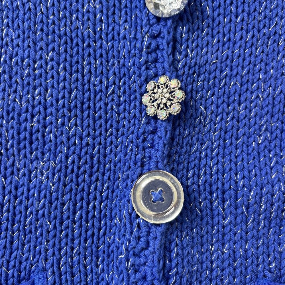 Brooch Button Handknit Womens Cotton Cardigan Size SP Blue Granny Cottagecore - Picture 3 of 12
